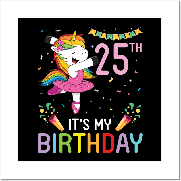 Happy Unicorn Dancing Congratulating 25th Time It's My Birthday 25 Years Old Born In 1996 Wall Art by bakhanh123